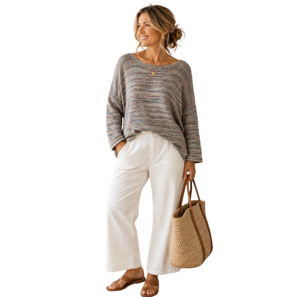 J. Jill Space Dye Multicolor Knit Sweater Boat Neck Relaxed Fit M Petite